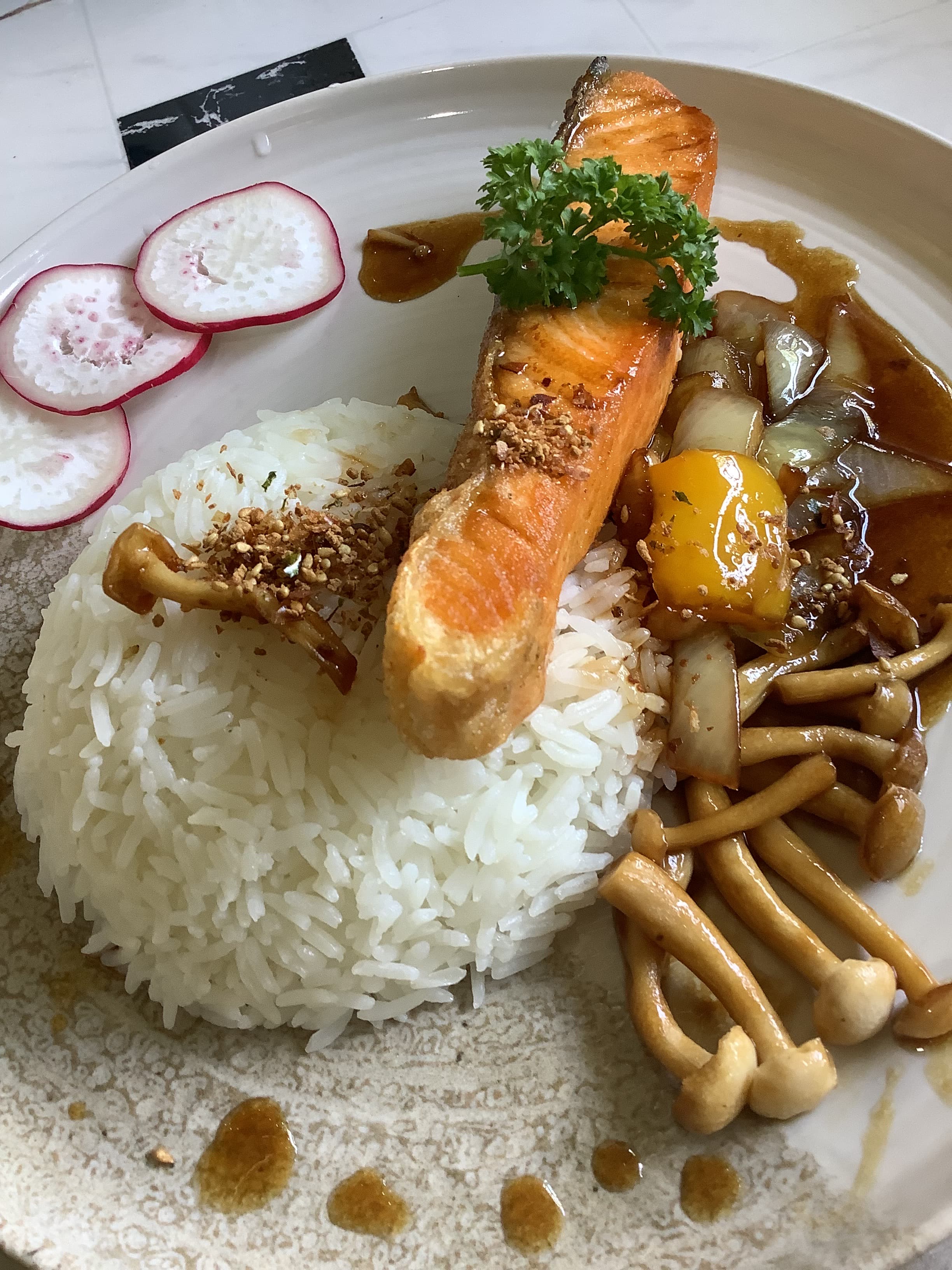 Salmon Teriyaki with Mushroom Rice at MaeKung Cafe Krabi